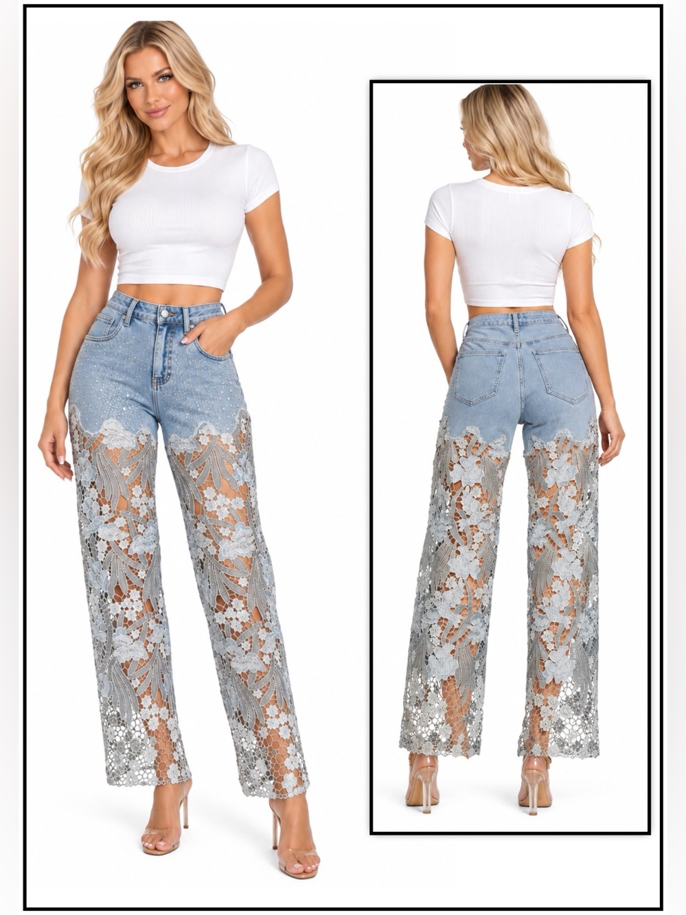 NWT BAYEAS Stretch Denim High Rise Lace Embellished Jeans SZ 30